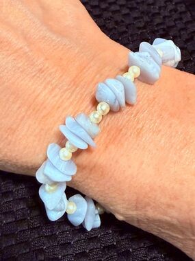 Blue lace agate chip and pearl beaded anklet or bracelet